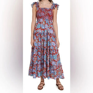 Love the Label Bouquet Smocked Tiered Ruffle Skirt Maxi Dress Blue Red Floral